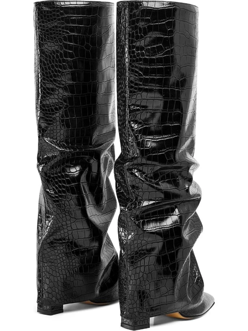 Women's Black Pointed Toe Fold Over Chunky Block Heel Slouchy Knee High Boots